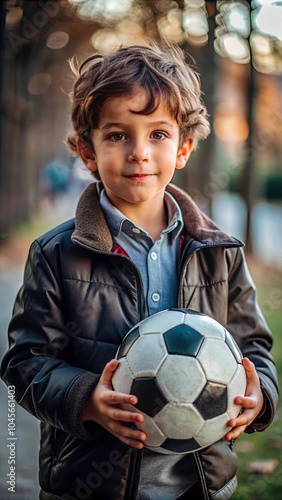 A young boy wearing a jacket holds a soccer ball in his hands while standing outside. His calm yet playful expression captures the essence of childhood and outdoor sports, perfect for fall-themed