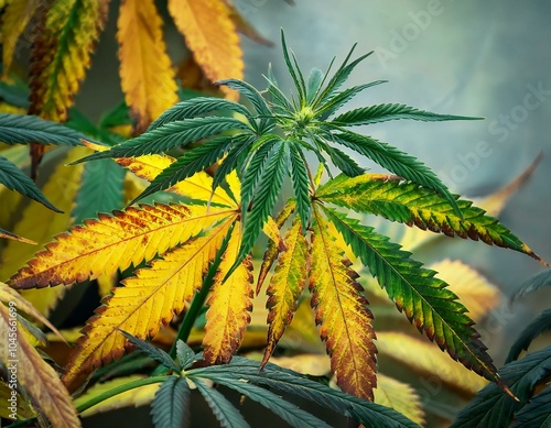 cannabis leaves showing signs of disease and nutrient deficiencies characterized by yellow and green coloration