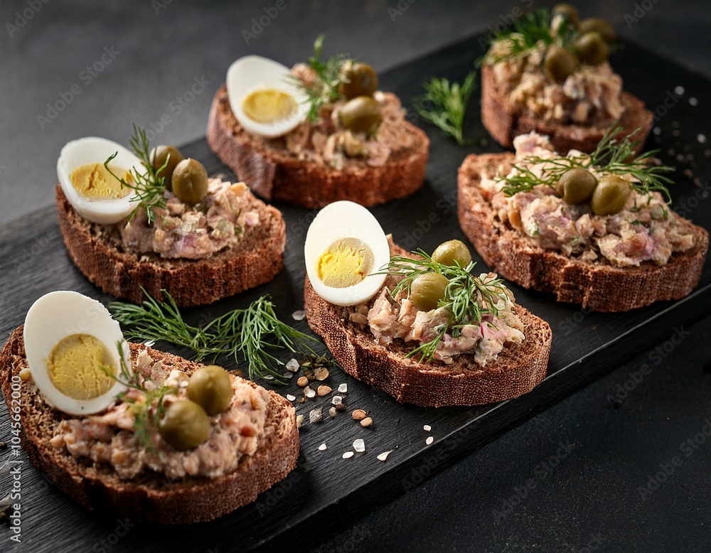 close up of whole grain bread slices garnished with tartar quail eggs capers and herbs on a stylish dark tray close up of whole grain bread slices garnished with tartar quail eggs capers and herbs on a stylish dark tray