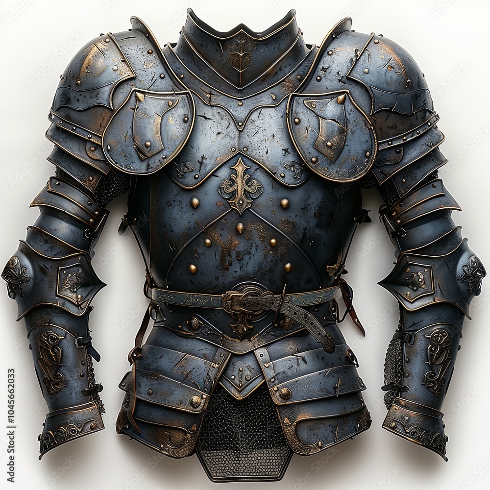 Knights plate armor with heraldic. Blue medieval steel clothing for war with full protection of shoulders and body for war and tournament Knights plate armor with heraldic. Blue medieval steel clothing for war with full protection of shoulders and body for war and tournament