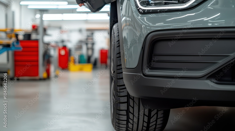 Fototapeta premium Close-up of a car tire and alloy wheel in an automotive workshop, showcasing vehicle maintenance and repair services.