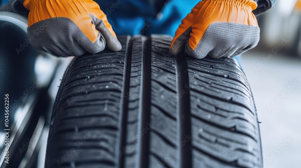 Close-up of a mechanic inspecting a tire tread with orange gloves for safety and maintenance. Close-up of a mechanic inspecting a tire tread with orange gloves for safety and maintenance.