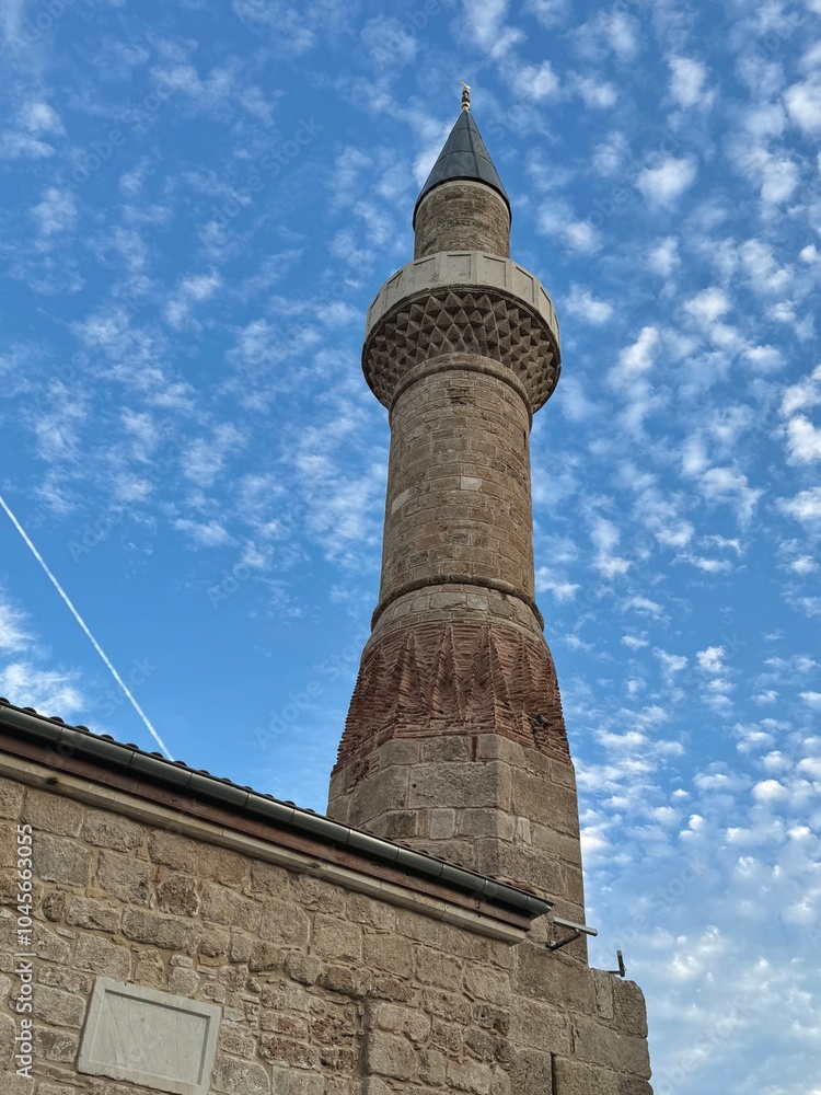 A minaret of an old mosque in the old town of Antalya, Turkey