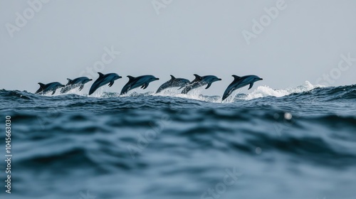 A pod of playful dolphins gracefully leaping out of the ocean in perfect sync, their sleek bodies shining under the bright sun with waves crashing below. photo