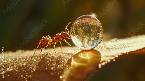 A close-up of an ant walking across a leaf, carrying a large dew drop on its back. The dew drop is crystal clear, reflecting the soft morning light and tiny reflections of the surroundings. The ant's 