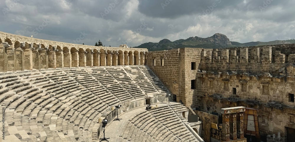 Panoramic view of Roman theater in the ancient Greco-roman city of Aspendos, Turkey