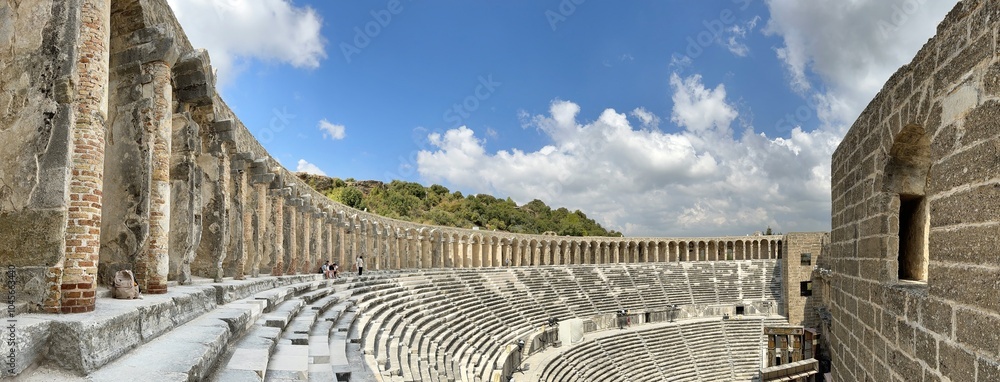 Panoramic view of Roman theater in the ancient Greco-roman city of Aspendos, Turkey