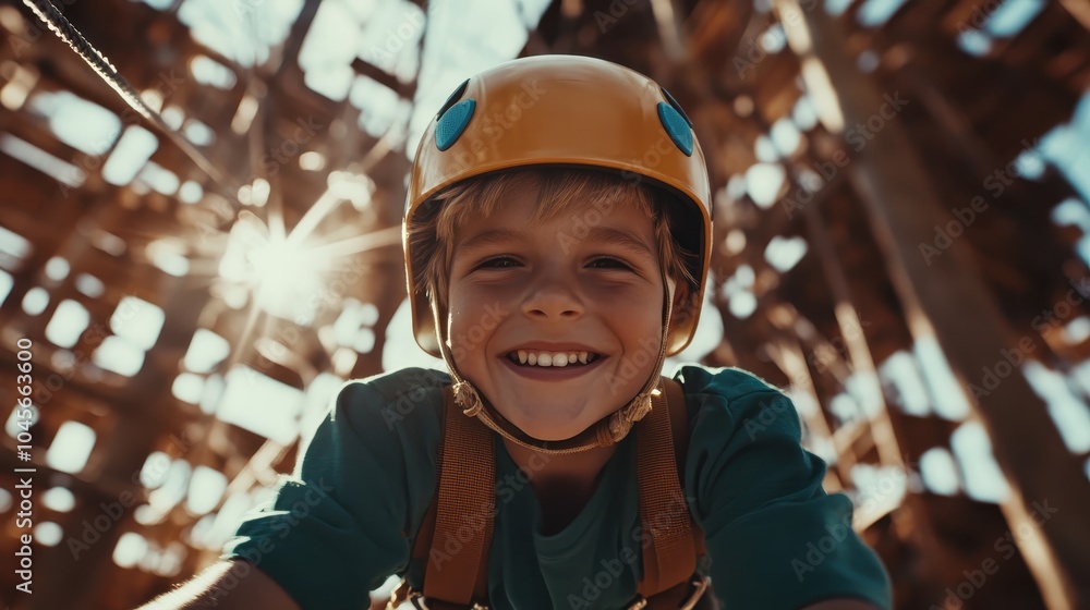A cheerful child wearing a bright helmet smiles while climbing on an outdoor adventure course, surrounded by wooden structures and sunlight, evoking happiness. A cheerful child wearing a bright helmet smiles while climbing on an outdoor adventure course, surrounded by wooden structures and sunlight, evoking happiness.