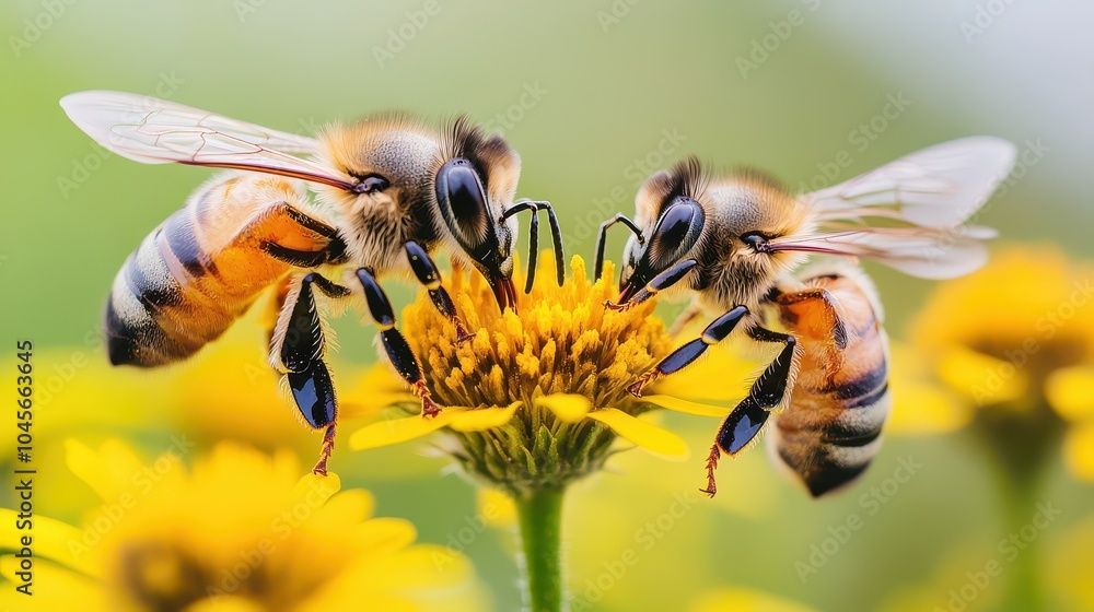 Two bees collecting nectar from a vibrant yellow flower, showcasing the beauty of nature and pollination in action. Two bees collecting nectar from a vibrant yellow flower, showcasing the beauty of nature and pollination in action.