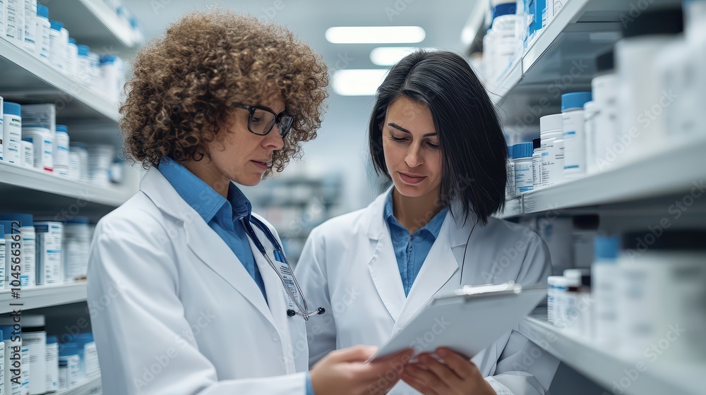 Two pharmacists reviewing medication information in a modern pharmacy, focused on patient care and accurate prescriptions. Two pharmacists reviewing medication information in a modern pharmacy, focused on patient care and accurate prescriptions.