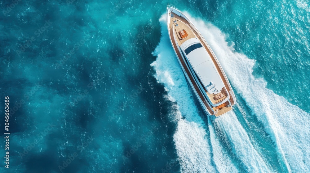 An aerial view of a sleek luxury yacht cutting through the sparkling ...