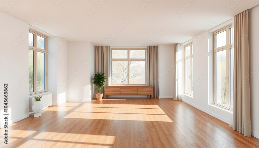 Modern interior design of apartment, empty interior with wooden flooring, windows, and suitable for various furniture and home decor mockups, panorama isolated with white highlights, png Modern interior design of apartment, empty interior with wooden flooring, windows, and suitable for various furniture and home decor mockups, panorama isolated with white highlights, png