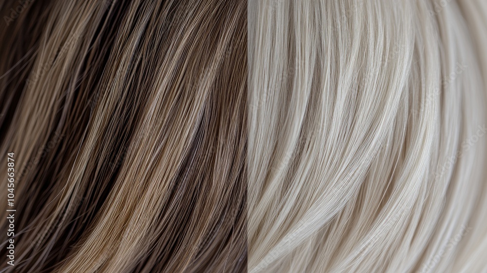 A split view of hair before and after treatment, showing the dramatic difference between dry, damaged strands and sleek, healthy hair. A split view of hair before and after treatment, showing the dramatic difference between dry, damaged strands and sleek, healthy hair.