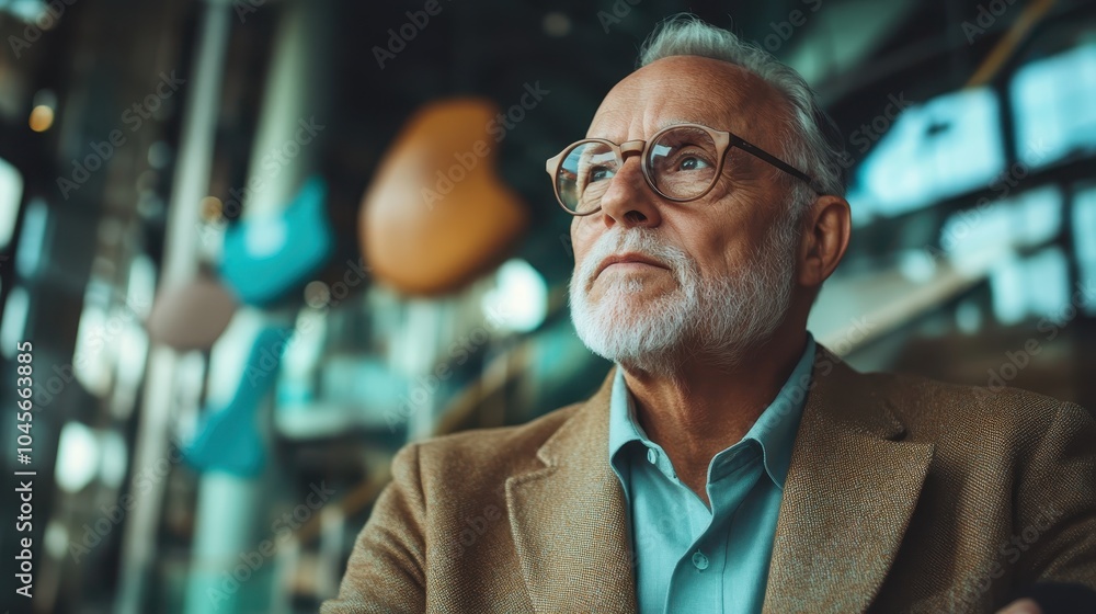 An elderly man in a tan blazer and glasses gazes thoughtfully around him, absorbing the colorful abstract shapes in a contemporary art gallery, with a reflective demeanor. An elderly man in a tan blazer and glasses gazes thoughtfully around him, absorbing the colorful abstract shapes in a contemporary art gallery, with a reflective demeanor.