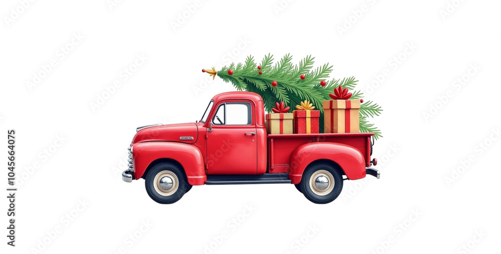 Christmas red truck with gifts and Christmas tree isolated Christmas red truck with gifts and Christmas tree isolated