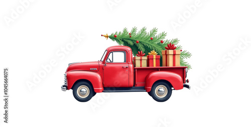 Christmas red truck with gifts and Christmas tree isolated 