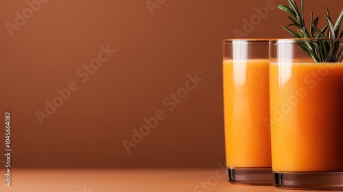 Close-up image of two glasses filled with vibrant orange juice, each garnished with a fresh sprig of rosemary, creating a refreshing and aromatic presentation. photo