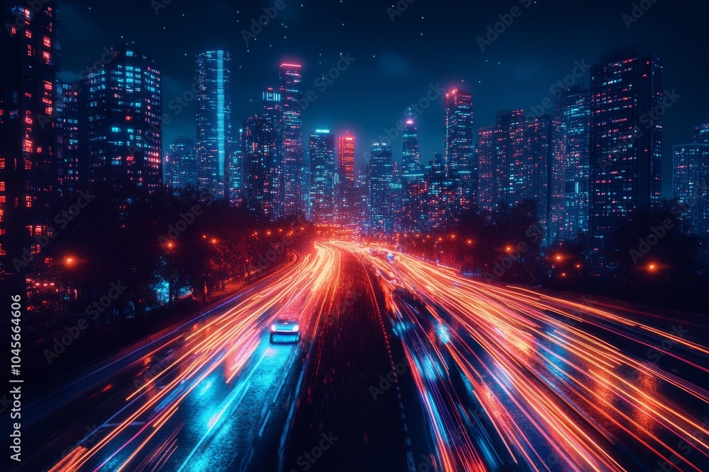 Vibrant city lights create dynamic trails on a busy urban road at night Vibrant city lights create dynamic trails on a busy urban road at night