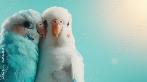 Two parakeets, one blue and one white, perch closely together showing fine feather detailing and evoking themes of companionship and joy against a soft background. photo