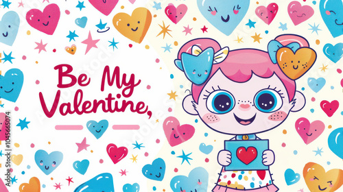 Adorable Valentine's Day Card Featuring a Big-Eyed Character and Colorful Hearts photo