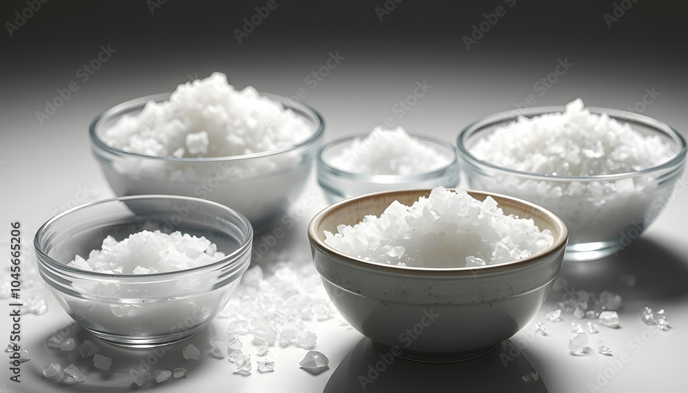 Different sea salt in bowls isolated on white isolated with white highlights, png Different sea salt in bowls isolated on white isolated with white highlights, png
