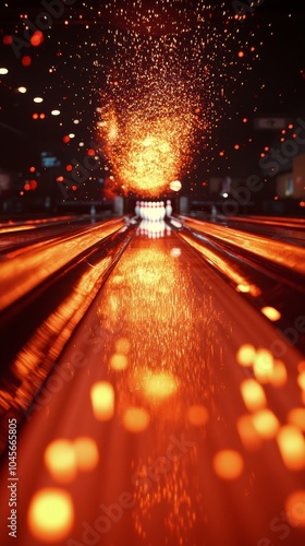 Bright sparks and glowing reflections on a bowling alley lane during an evening game event photo