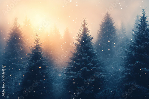 A serene winter scene featuring a snow-covered path winding through a dense forest of evergreen trees. Softly falling snowflakes fill the air, while a gentle twilight glow illuminates the background.