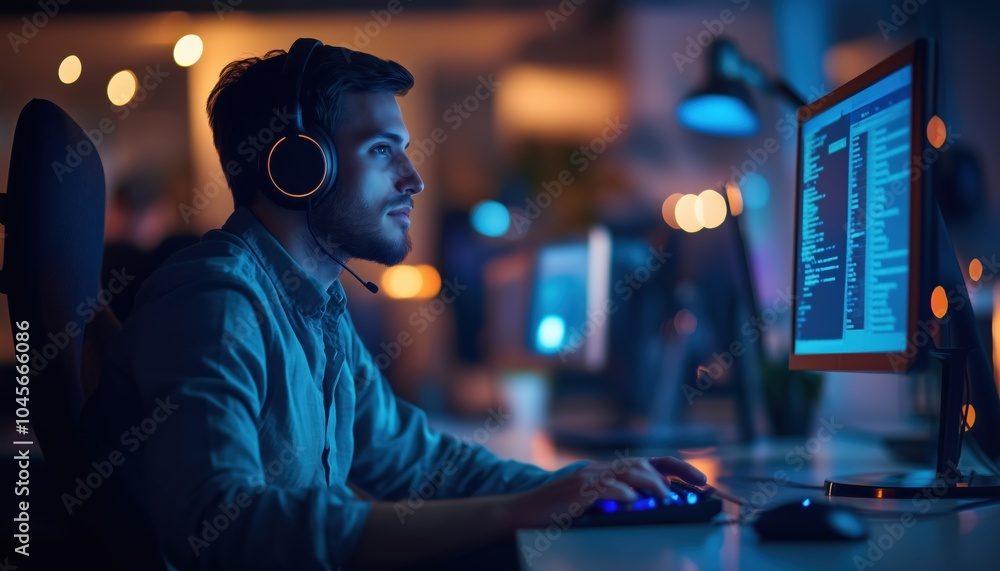 Customer Service And Telemarketing With Man And Computer In Headphones For Communication And Faq Support. Nighttime Assistance And Telecom Advisory Included. Customer Service And Telemarketing With Man And Computer In Headphones For Communication And Faq Support. Nighttime Assistance And Telecom Advisory Included.