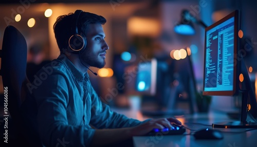 Customer Service And Telemarketing With Man And Computer In Headphones For Communication And Faq Support. Nighttime Assistance And Telecom Advisory Included.