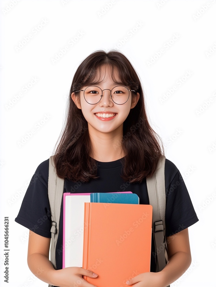 Happy young Korean female college student model holding copybooks isolated on white background. Smiling asian girl learner looking at camera, advertising for education. Happy young Korean female college student model holding copybooks isolated on white background. Smiling asian girl learner looking at camera, advertising for education.