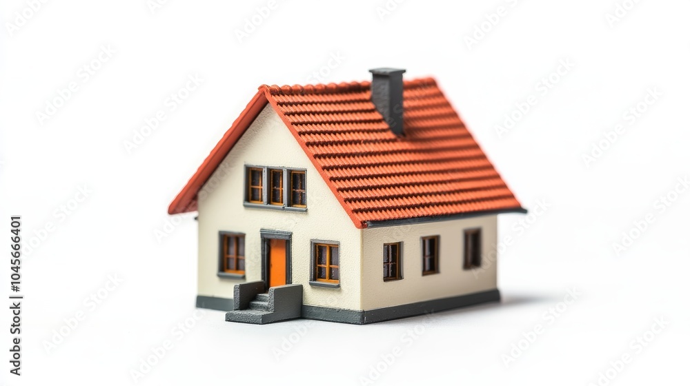 A small white house model with a red roof, two windows on the front, one on each side, and a door. It is isolated on a white background. A small white house model with a red roof, two windows on the front, one on each side, and a door. It is isolated on a white background.