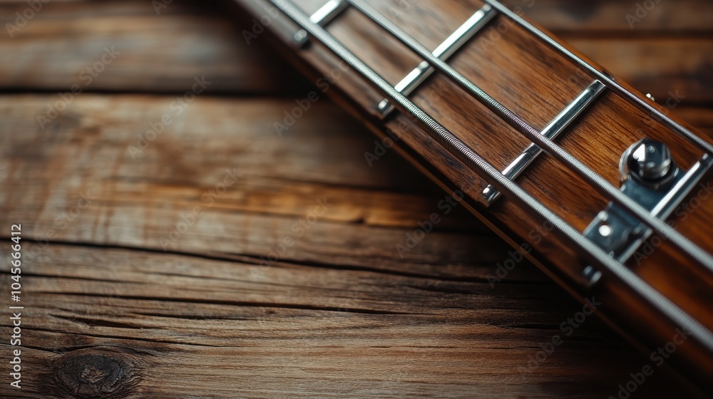 A captivating close-up of a guitar's fretboard, highlighting the intricate wood finish and string details, symbolizing the fusion of artistry and music. A captivating close-up of a guitar's fretboard, highlighting the intricate wood finish and string details, symbolizing the fusion of artistry and music.