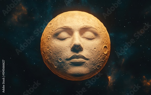 Surreal celestial face merging with the moon