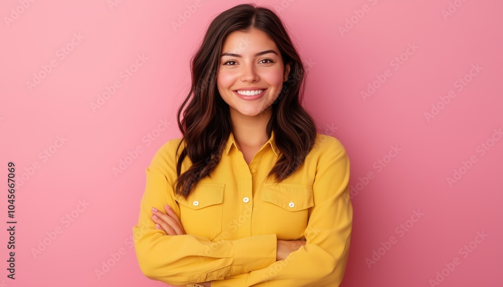 Fototapeta premium Young Latina Woman In Yellow Shirt Smiling Happily With Crossed Hands, Studio Portrait On Pink Background, Full Length Shot.