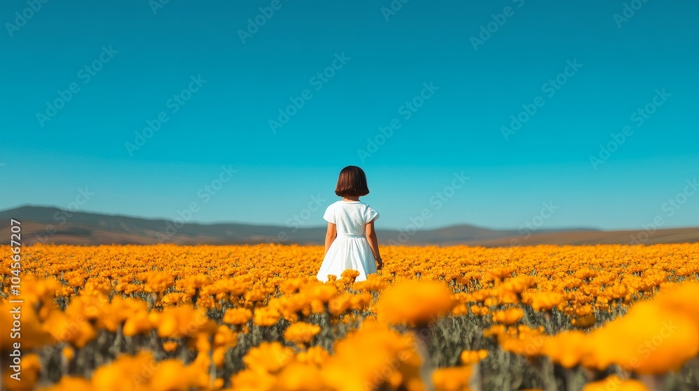 Tranquil scene of yellow marigold field with girl under clear blue sky, shot with Canon EOS R5 at F2, ISO 30 Tranquil scene of yellow marigold field with girl under clear blue sky, shot with Canon EOS R5 at F2, ISO 30