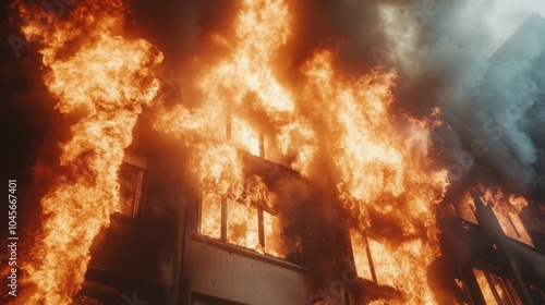 An intense fire consumes a multi-story building, with bright orange flames and thick smoke billowing upward, capturing a dramatic scene of destruction and urgency.