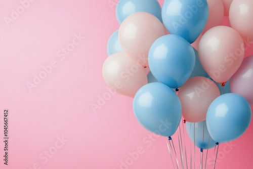 Brightly colored balloons cluster against a soft pink background, creating a playful atmosphere