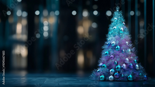 Christmas tree in the dark with blue and purple lights, on a blurred background of a modern building interior. Christmas concept.  photo