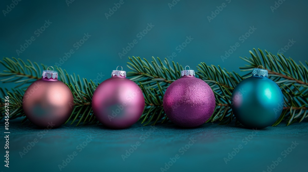 Close up of a christmas tree branch with colorful glass ornaments against dark blue backdrop Close up of a christmas tree branch with colorful glass ornaments against dark blue backdrop