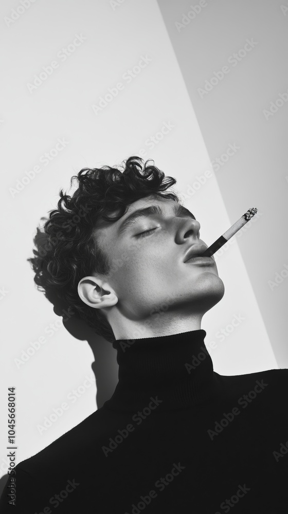 High-angle shot of male model with curly hair smoking cigarette in black turtleneck sweater against wall, reminiscent of Kodak Portra film, fashion magazine