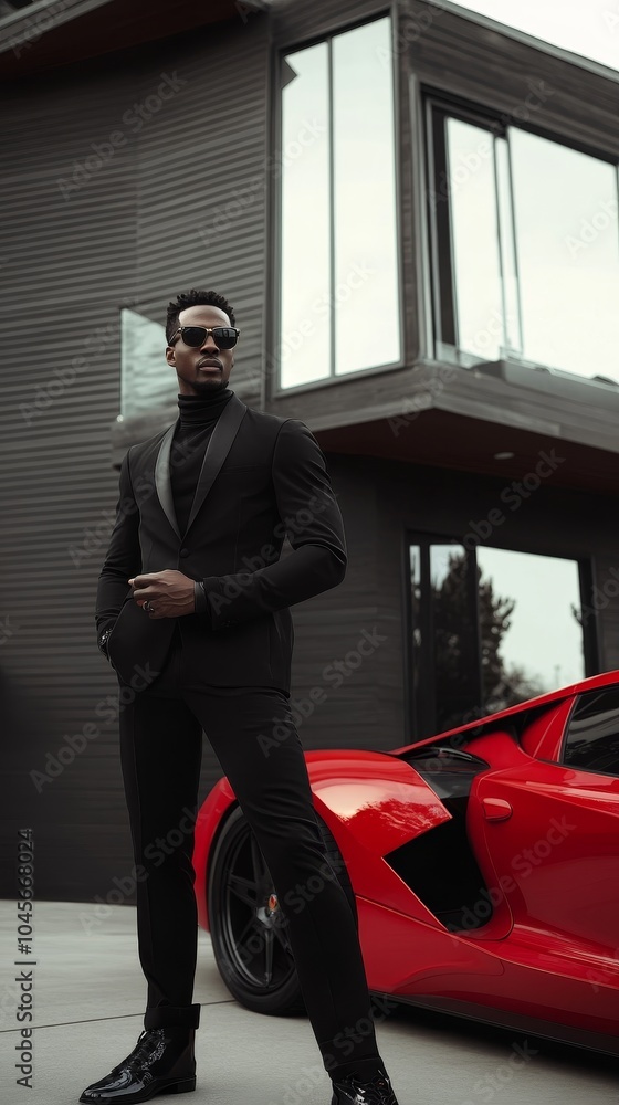 Young black man in black suit with sunglasses standing in front of a modern mansion next to a red sports car.