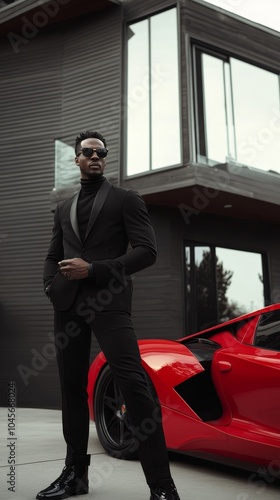 Obraz na płótnie Young black man in black suit with sunglasses standing in front of a modern mansion next to a red sports car. w salonie