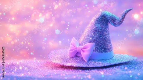 Whimsical witch hat with bow, glitter accents, pastel colors, surrounded by sparkles.