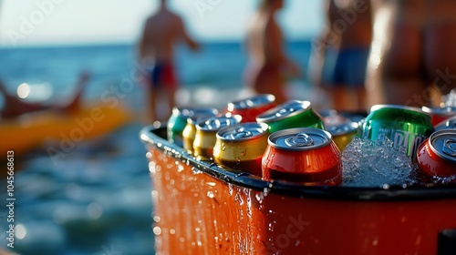 A cooler full of aluminum cans sits on a beach with people enjoying a day in the sun.