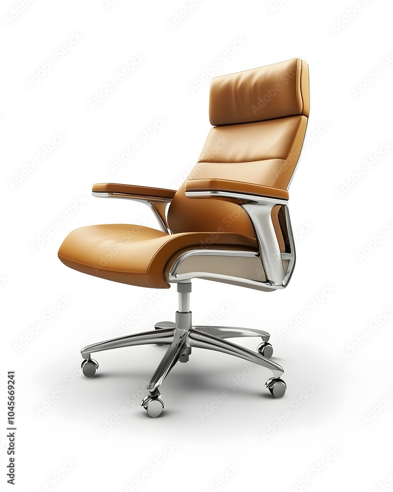 A sleek ergonomic office chair featuring a tan leather seat and backrest, chrome frame, and smooth-rolling wheels, perfect for a contemporary workspace.