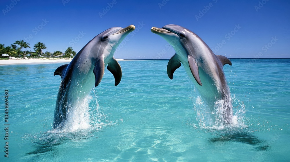 Obraz premium Dolphins jumping out of the ocean in unison, their bodies glistening in the sun as they splash back into the crystal-clear waters.