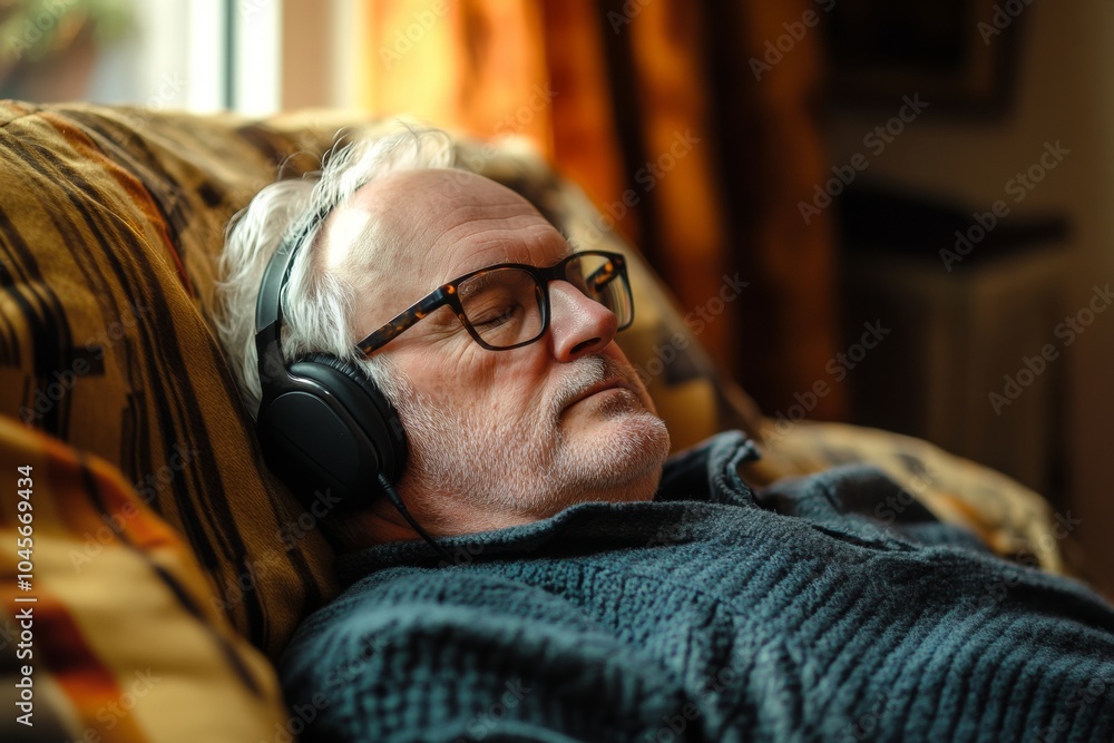 Obraz premium An older man enjoys a peaceful moment while relaxing on a couch, wearing headphones and lost in his thoughts. Warm sunlight fills the room
