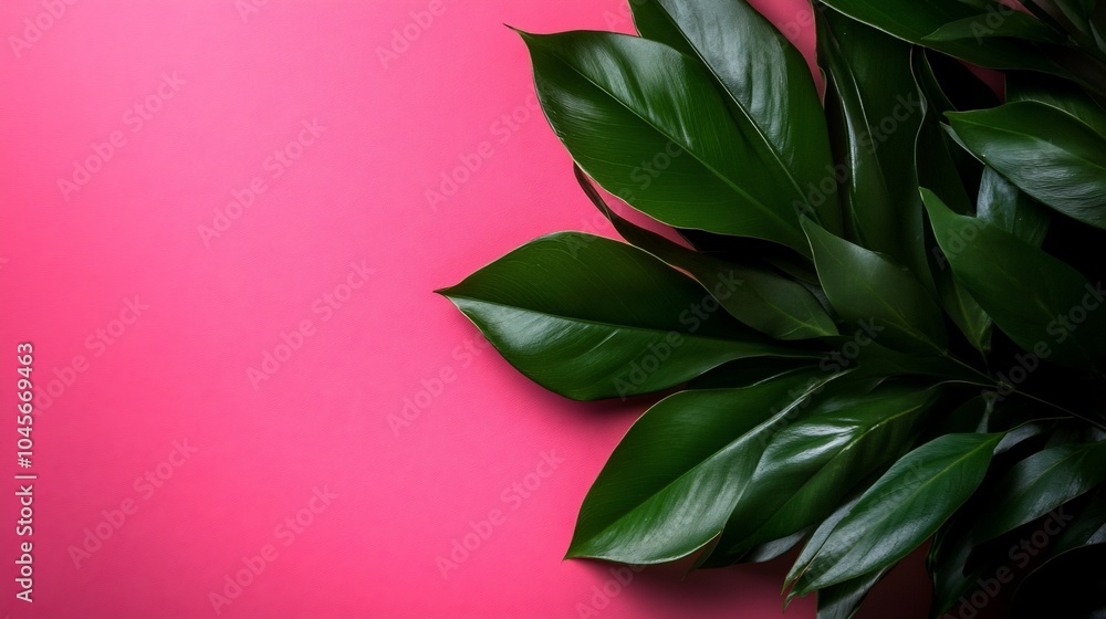 Lush green leaves on a vibrant pink background. Lush green leaves on a vibrant pink background.