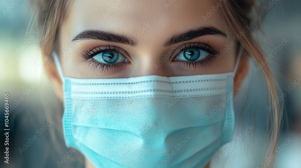 A young woman with vibrant blue eyes looks directly at the camera while wearing a medical mask, emphasizing the importance of health safety indoors. A young woman with vibrant blue eyes looks directly at the camera while wearing a medical mask, emphasizing the importance of health safety indoors.