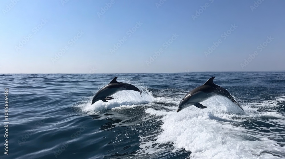 Dolphins leaping out of the ocean in a playful display, their sleek forms rising above the waves in perfect unison under a brilliant blue sky. Dolphins leaping out of the ocean in a playful display, their sleek forms rising above the waves in perfect unison under a brilliant blue sky.
